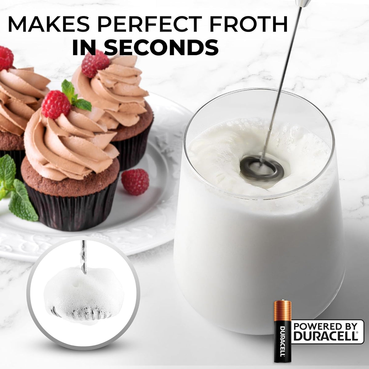 Zulay Kitchen Powerful Milk Frother Wand With 4 AA Duracell Batteries - Ultra Fast Handheld Drink Mixer - Electric Whisk Foam Maker for Coffee, Lattes, Cappuccino, Matcha & Creamer -
