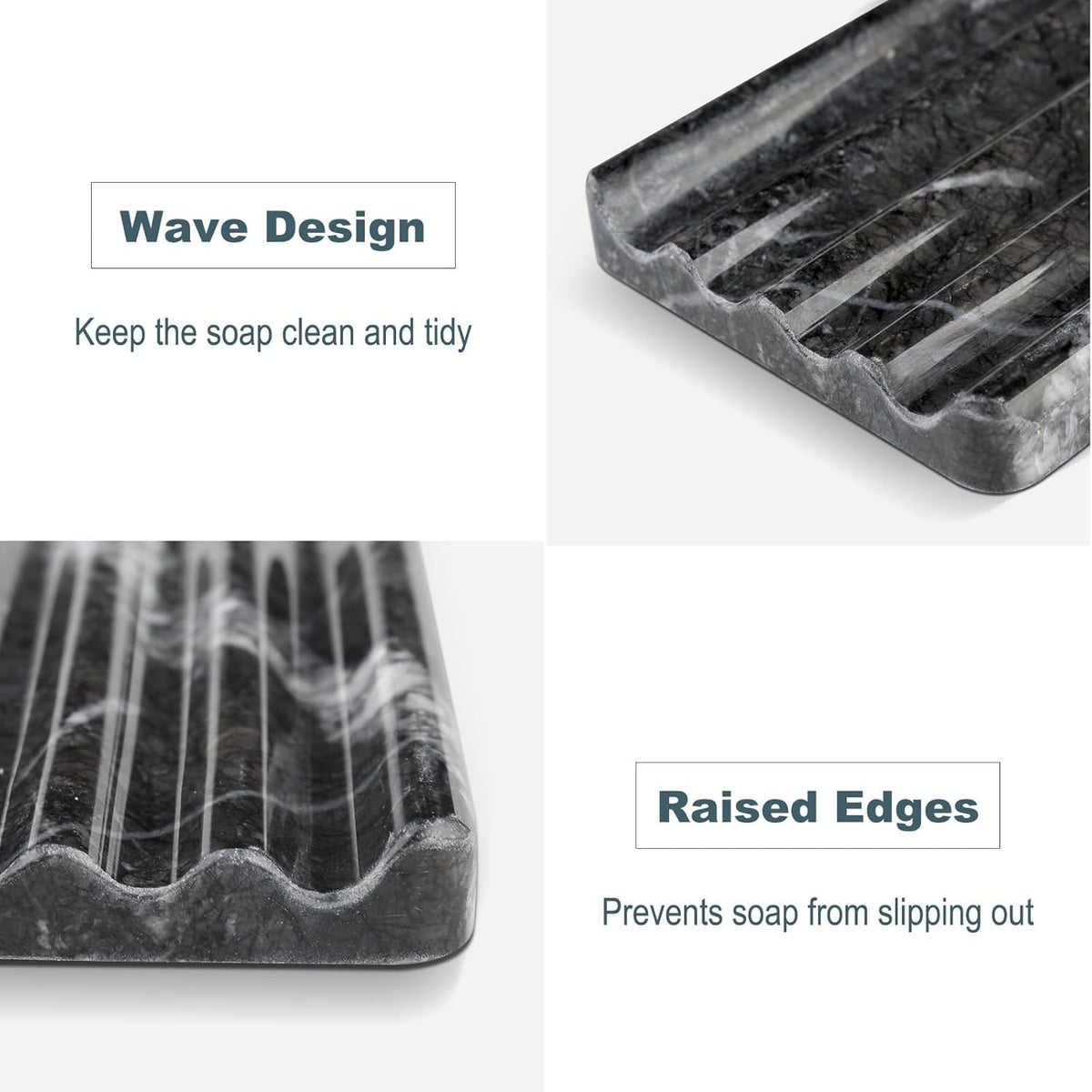 Marble Soap Dish, Bar Soap Holder Shower, Black Soaps Bathroom Saver with Water Ripple Design, Easy Cleaning Natural Stone Sponge Holder for Kitchen Sink, Executive Jewelry Ring Tray