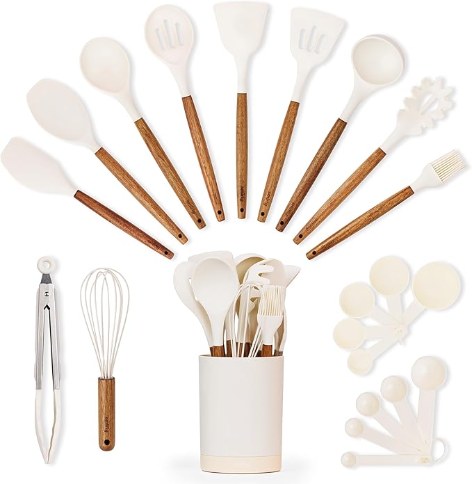 Silicone Kitchen Utensils Set & Holder: Cooking Utensils Set - Kitchen Essentials for New Home & 1st Apartment- Silicone Spatula Set, Cooking Spoons for Nonstick Cookware (Acacia Wood, Cream White)