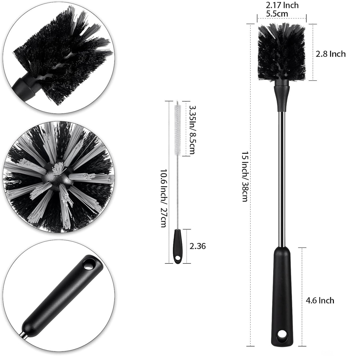 Water Bottle Brush with Straw Cleaner, 15 Inches Stainless Steel Handle Baby Bottle Brush Cleaner, Kitchen Scrub Cleaning Brushes for Cup, Wine Glasses, Coffee Mugs, Tumblers, Wine Decanters, Black