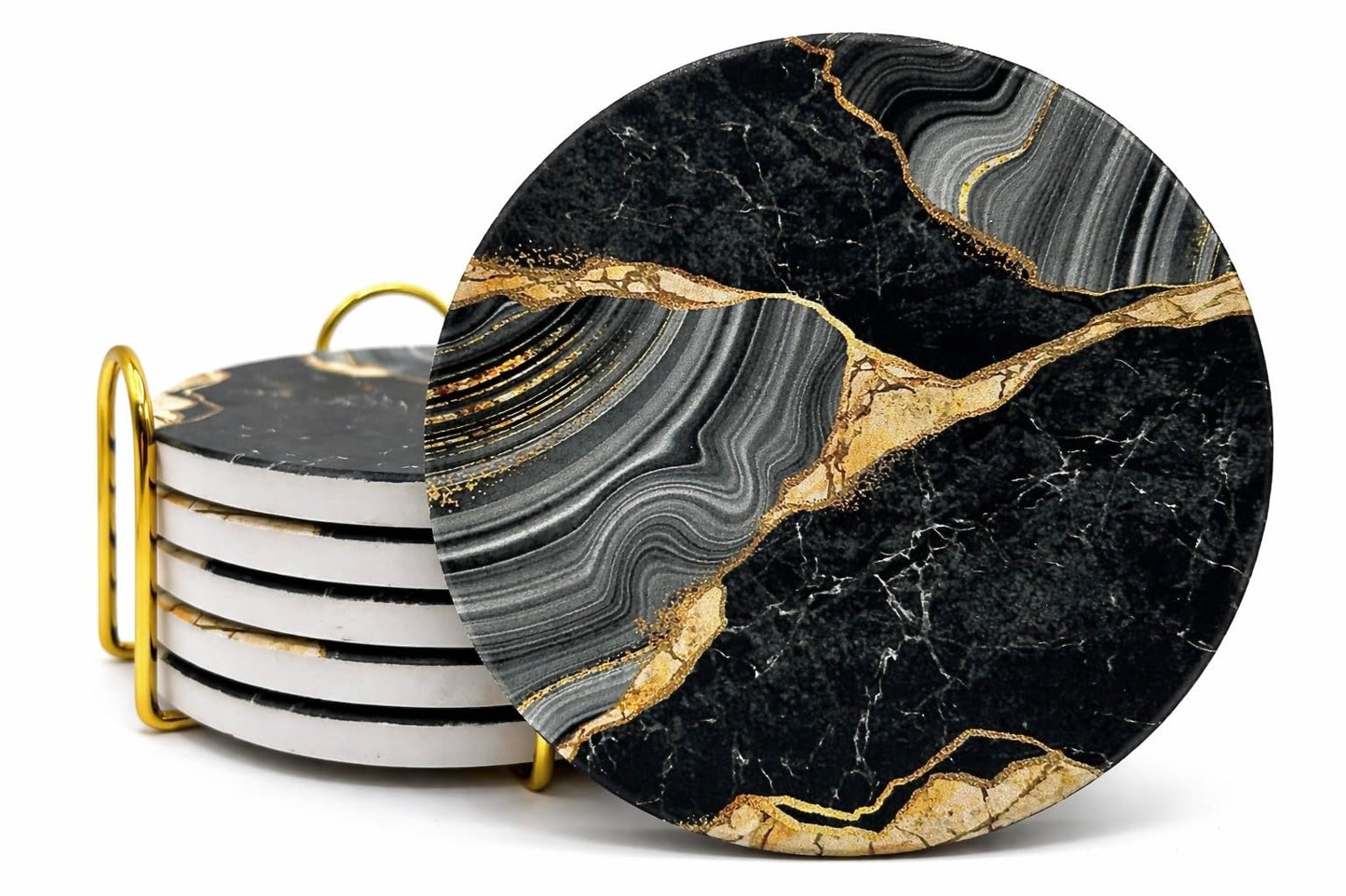 Elegant Black & Gold Marble Ceramic Coasters - Set of 6 with Gold Metal Holder - Round Drink Coasters for Coffee, Tea, Whiskey, Wine - Stylish Home & Kitchen Decor