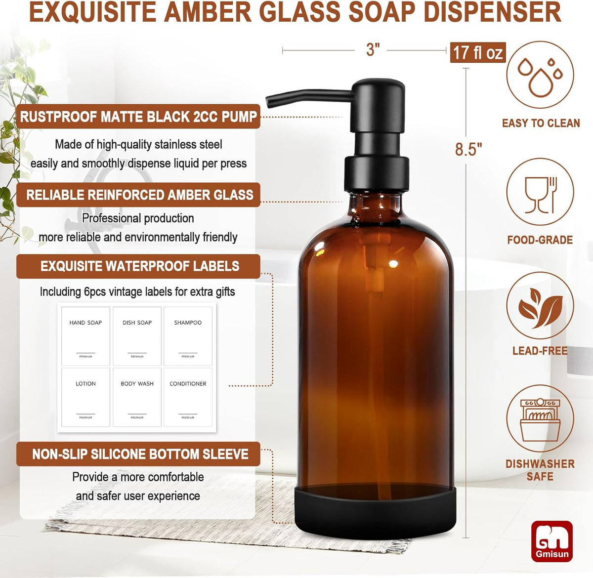 GMISUN Amber Glass Soap Dispenser with Silicone Sleeve Boot, 2 Pack Bathroom Hand Soap Dispensers with Pump, 17 Fl Oz Kitchen Hand and Dish Soap Dispenser Set, Liquid Soap Dispensers Bottle