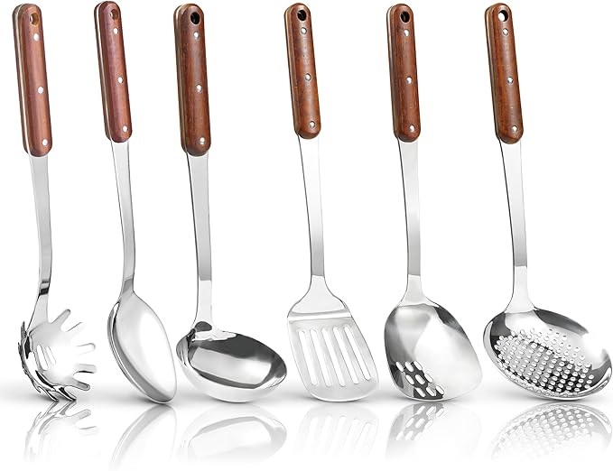 FJNATINH Stainless Steel Cooking Utensils Set, Mirror Polished 6 Pieces Kitchen Utensils Set, Kitchen Tools Set With Wooden Handle Non-Stick Heat Resistant,Dishwasher Safe, Easy to Clean