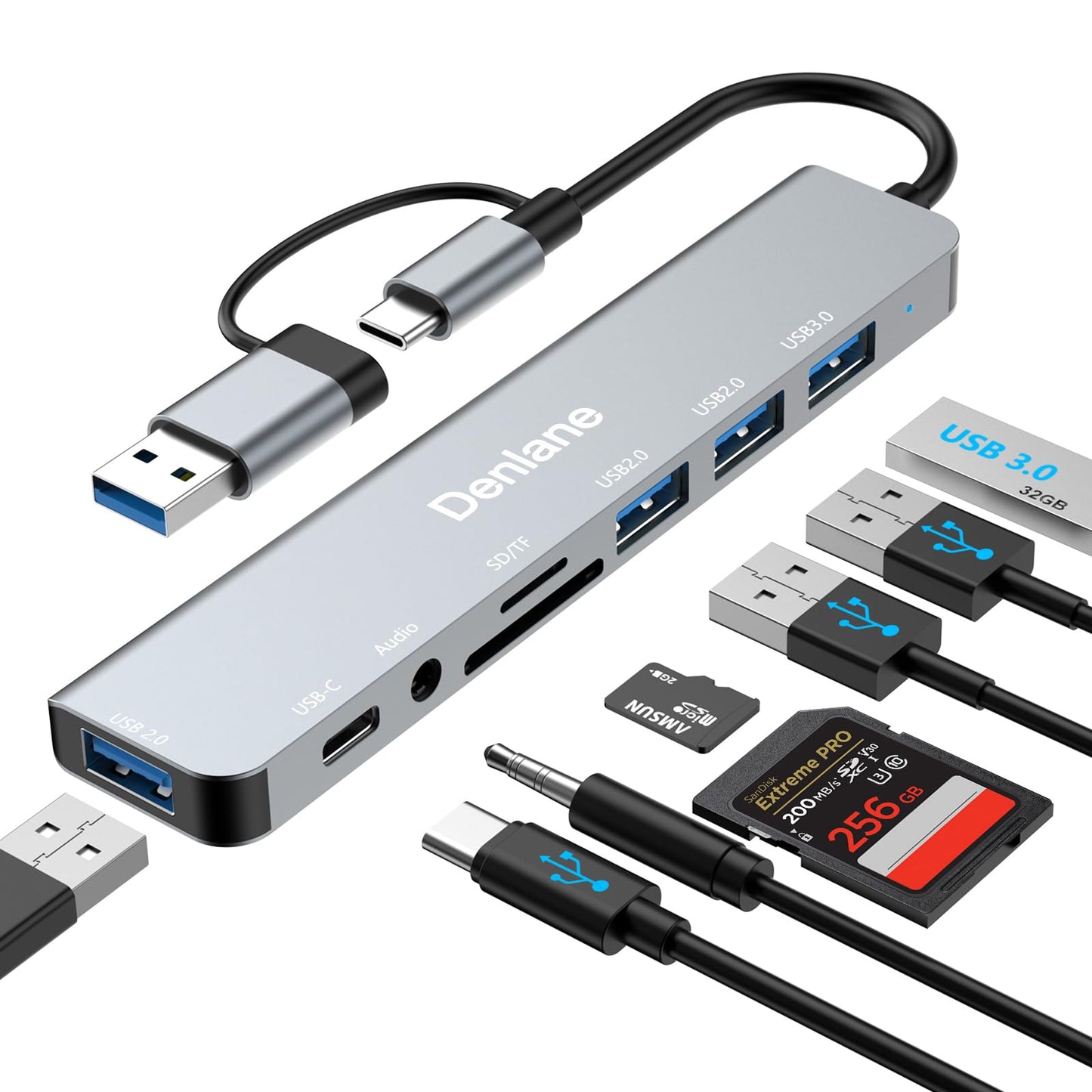 Denlane USB C Hub USB Hub 3.0 for Laptop, Upgrade 8 in 2 USB Splitter with USB-C/4 USB A Port Extender, TF/SD Card Slot, 3.5mm Audio Adapter, USBC USB Dongle for PC/Mac/MacBook/Laptop/iPad/Tablet