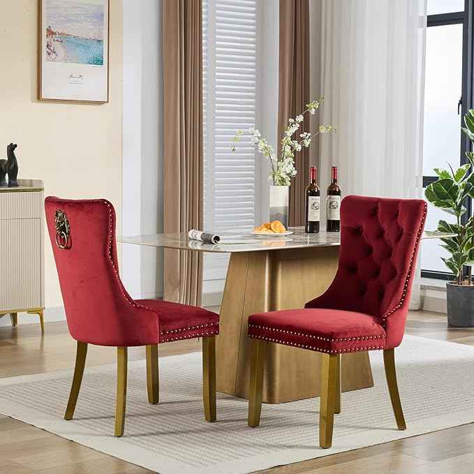 Velvet Dining Chairs Set of 2, Modern Tufted Dining Room Chair, Upholstered Dining Chairs with Lion Head Pulls Ring and Golden Solid Wood Legs, Luxury Kitchen Chairs for Dining Room, Burgundy