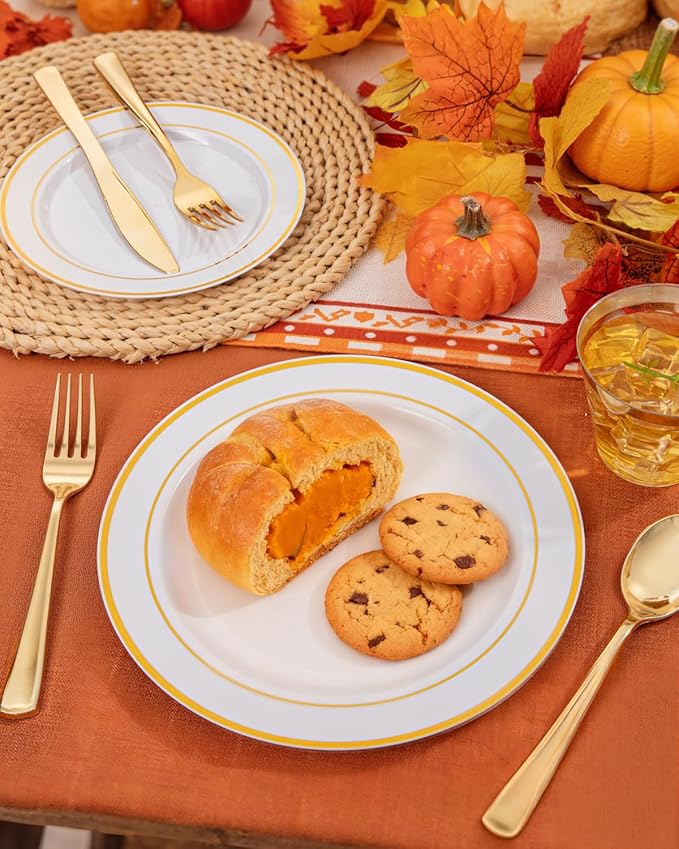 bUCLA 150PCS Gold Plastic Dinnerware Set Disposable - Heavy Duty Gold Plates Include 25 Dinner & 25 Dessert Plates,25 Forks,25 Knives,25 Spoons&25 Cups for Party&Thanksgiving Table Decor