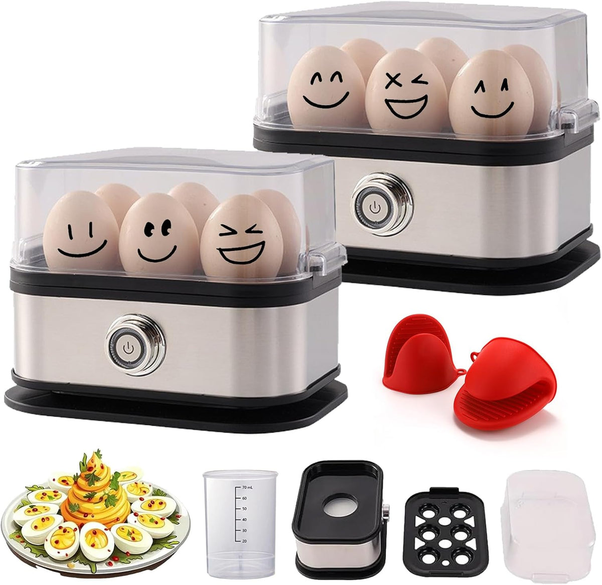 Sunny Side Master Egg Cooker, 2025 New Rapid Egg Cooker 6 Egg Capacity, Soft, Medium, Hard Boiled, Poacher, Stainless Steel Electric Eggs Cooker With Auto Shut-Off, BPA Free (2PCS)