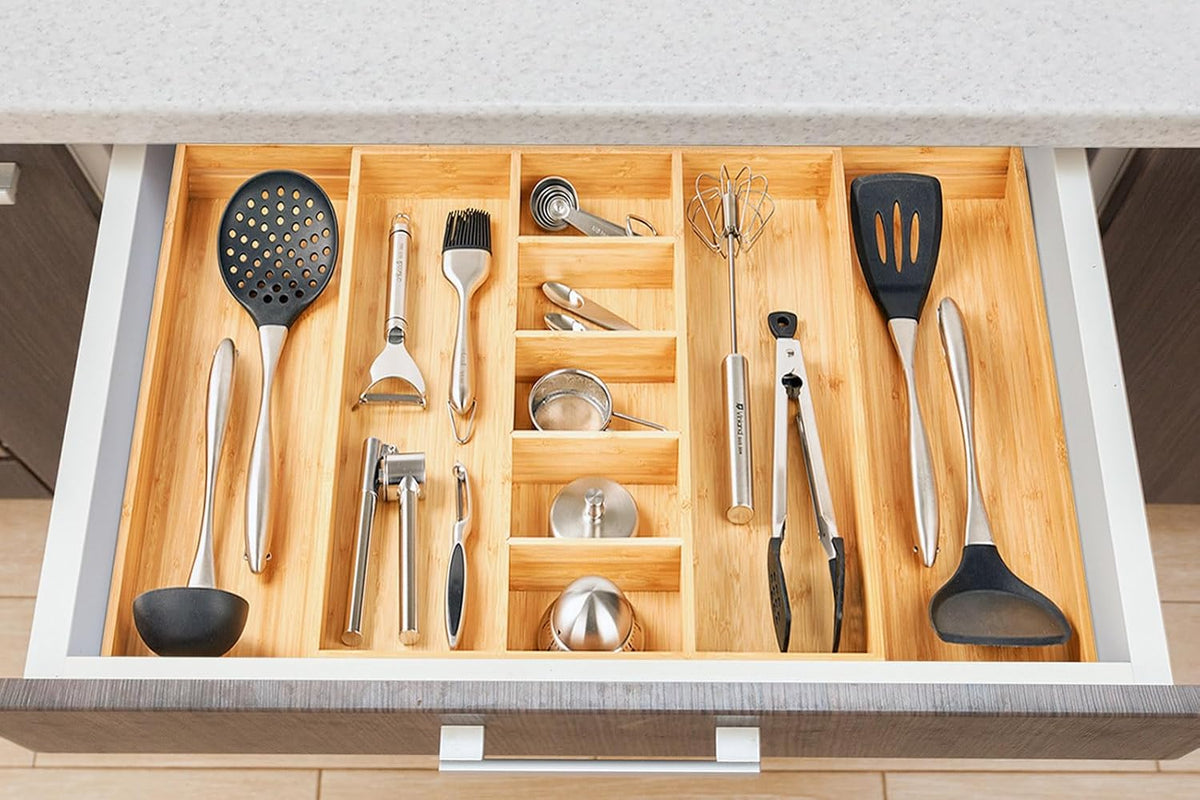 Umilife Extra Large Expandable Kitchen Drawer Organizer for Utensil and Junk, 19" Deep for Big Drawer, 17" to 28" Adjustable Bamboo Wood Drawer Divider, Cutlery Tray, Flatware Holder