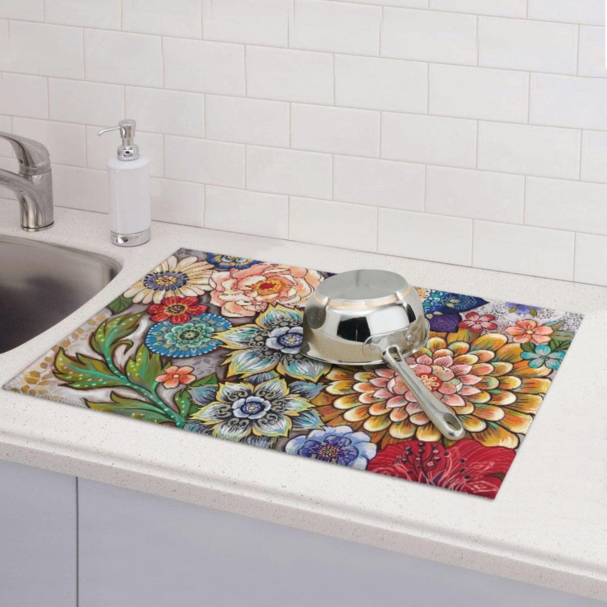 Floral Dish Drying Mat 18x24 for Kitchen Counter, Boho Coloful Flowers Decorative Absorbent Coffee Mat Dish Drying Pad Coffee Bar Dish Drainer Rack Mat Drainer Mat