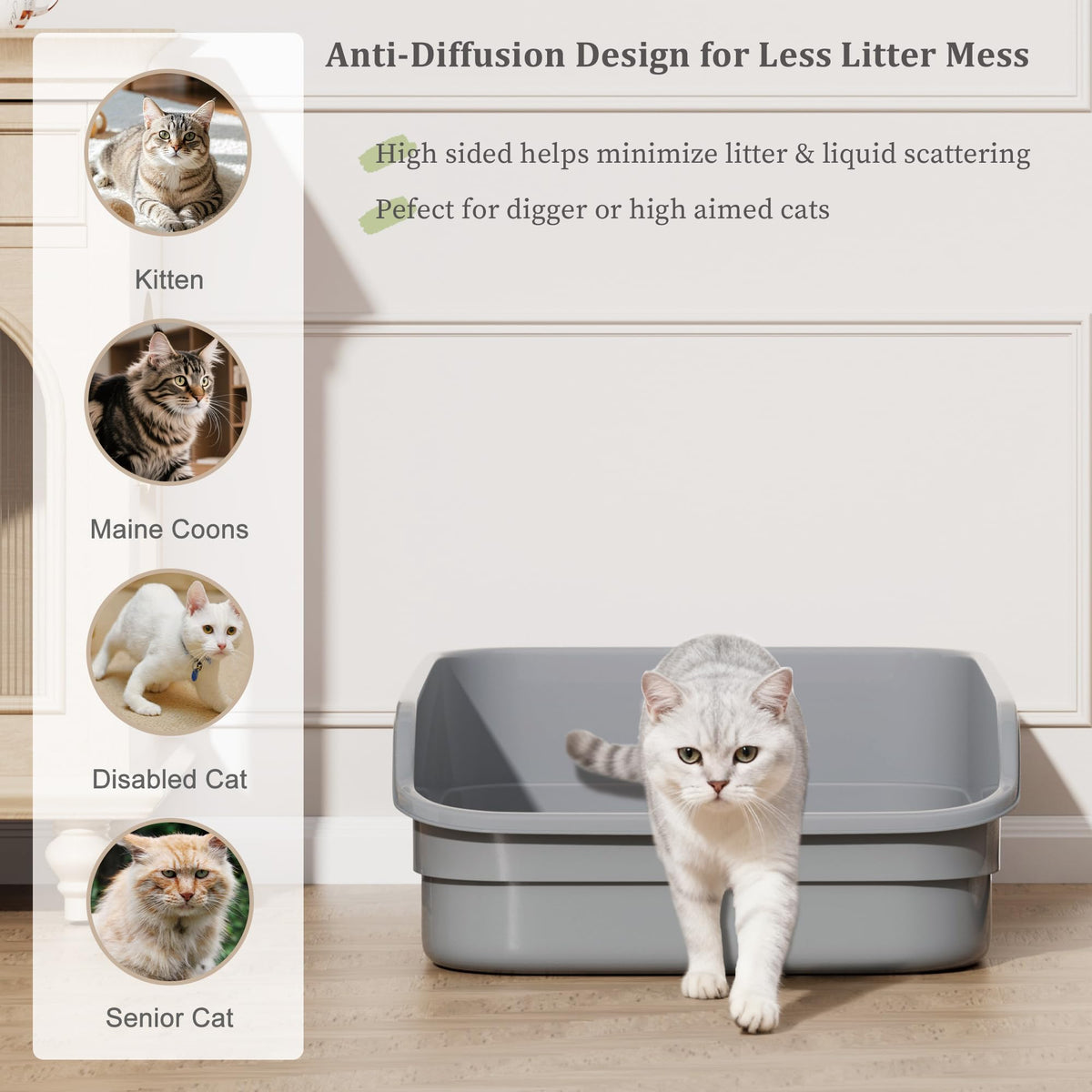 Vealind Extra Large Cat Litter Box with High Sides and Low Entrance