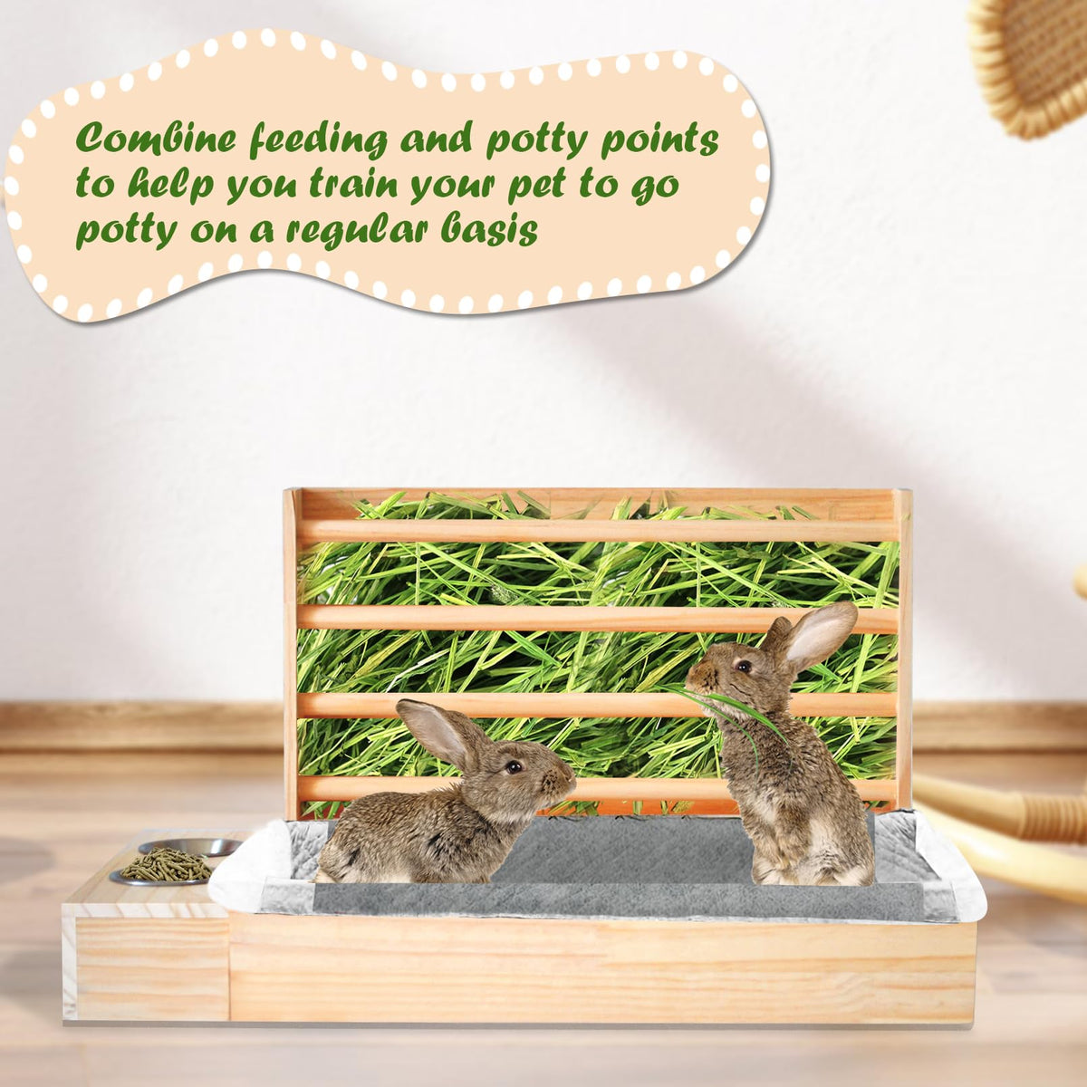 MUYG Rabbit Hay Feeder with Litter Box, 3 in 1 Wooden Bunny Feeder, Small Animal Hay Holder Rack for Rabbit, Guinea Pig, Hamster, Ferrets