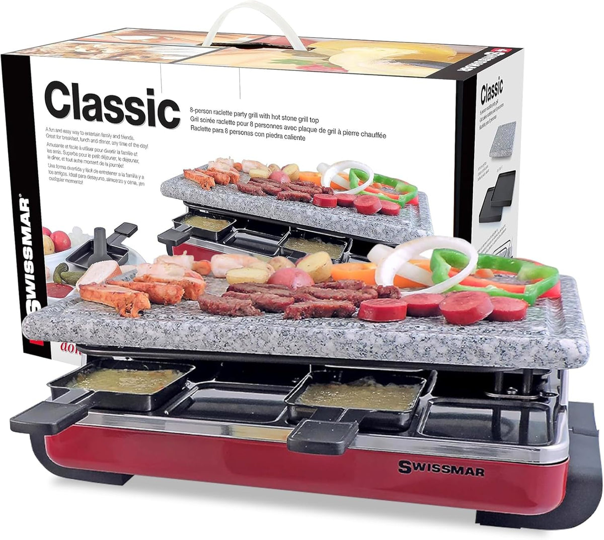 Swissmar Classic 8-Person Raclette Party Grill - Indoor Electric Grill & Griller with Granite Stone Grill Plate - Red