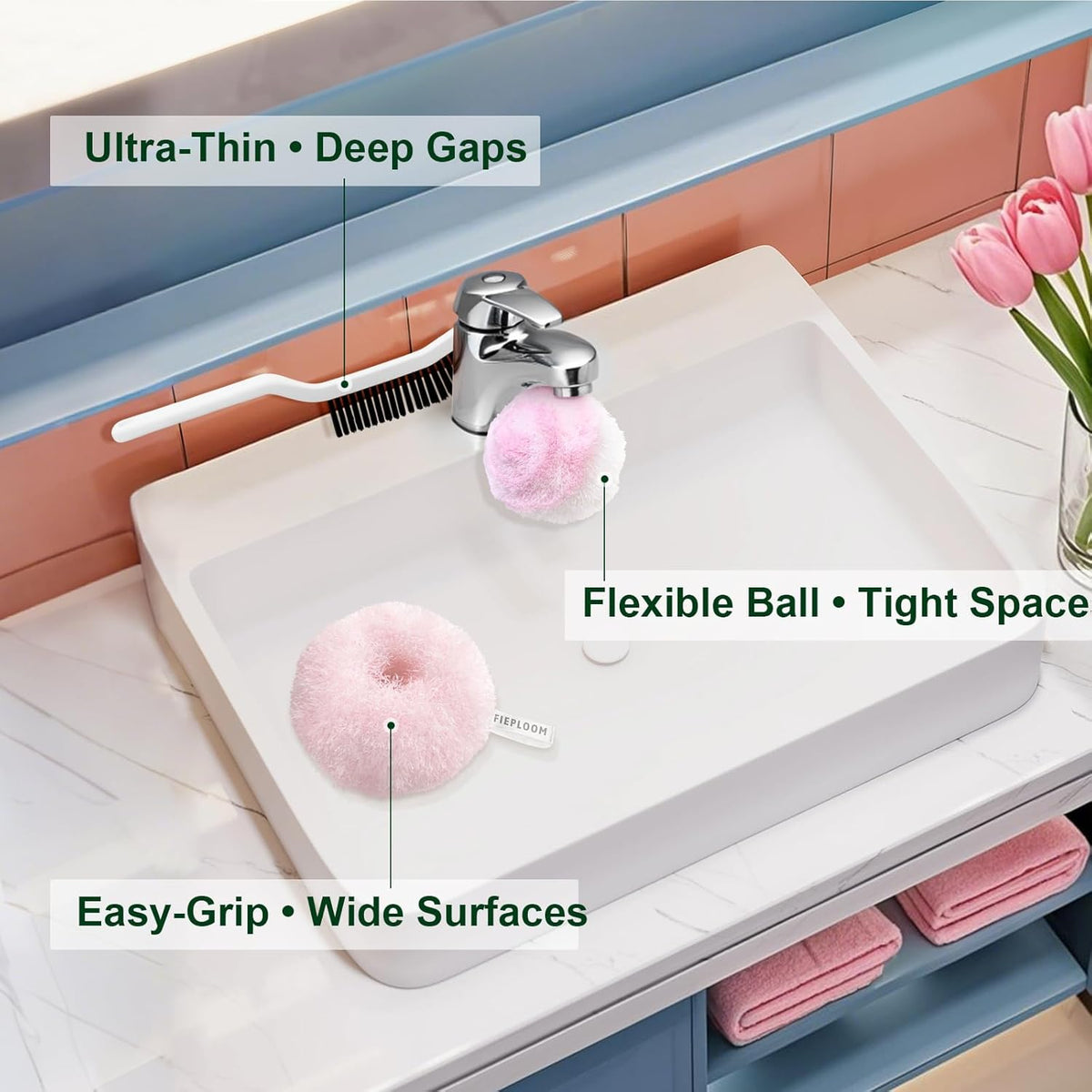 Hard Bristle Crevice Cleaning Brush & Non Scratch Soft Scrub Brush Set, 6-Pack: 4 Stiff Gap Brush+2 Gentle Scrubber, Bathroom & Kitchen Cleaning Tool for Grout Sink Faucet Tub and More