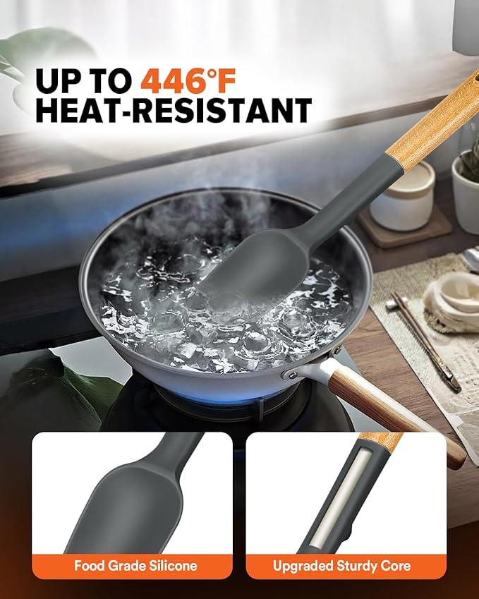 Silicone Spatula Spoon Set, Great for Mixing, Folding, Scraping, and Spreading, Sturdy BPA-Free Matte Silicone, Wooden Handle Rubber Spoonula for Nonstick Cookwares,4 Pack (GREY)