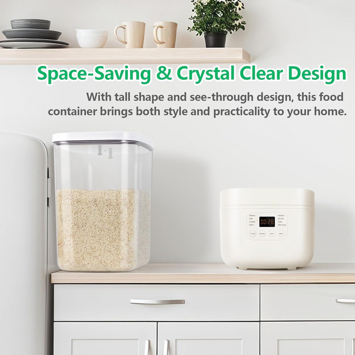 Airtight Rice Container 25 Lbs with Handle and Cup – 12.68Qt Large Flour Sugar Storage Container with Pop Up Seal & Hanging Lid Hooks, Clear Tall Food Storage Bin for Kitchen Pantry Organization