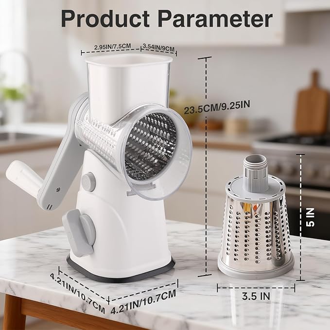 Rotary Cheese Grater Hand Crank, Kitchen Mandolin Vegetable Cheese Shredder with 3 Interchangeable Blades,Easy Clean Rotary Grater with Handle,Kitchen Grater Grinder for Cutting Cheese,Vegetable Nuts