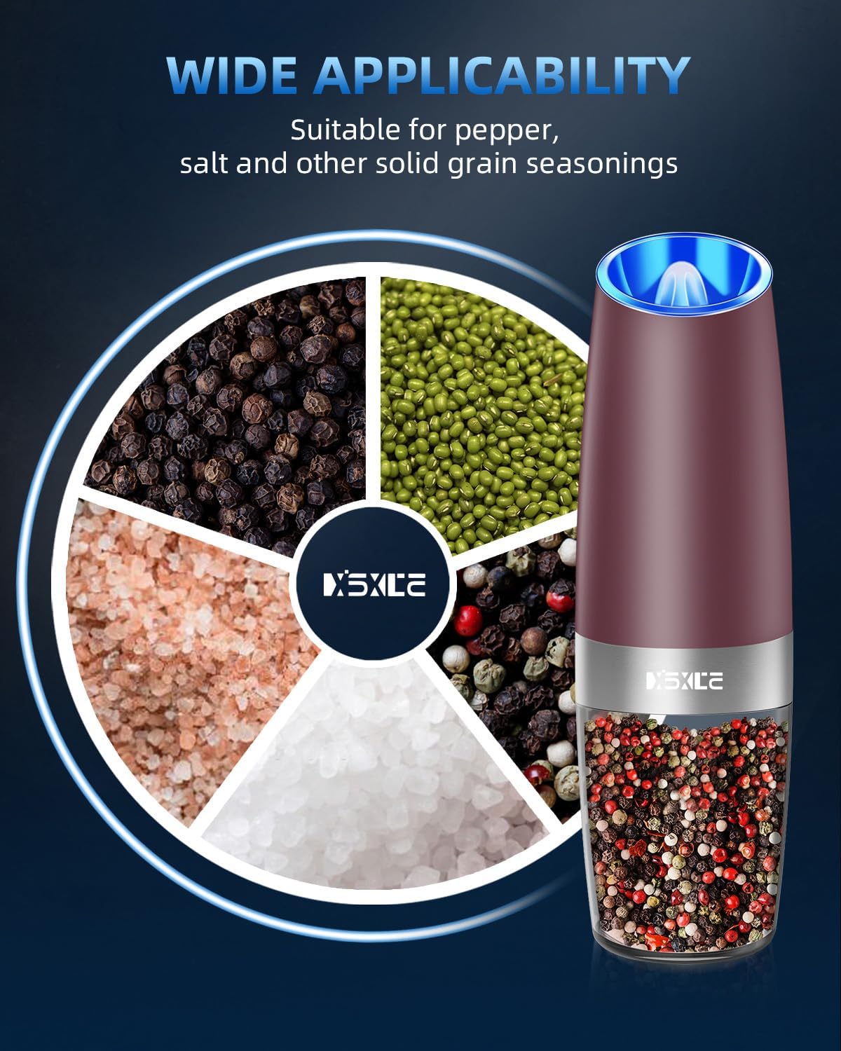 XinXu Gravity Electric Pepper Grinder, Salt or Pepper Mills & Adjustable Coarseness, with LED Light, One Hand Automatic Operation -Set/RoseRed