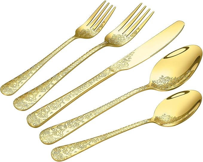 Floral 40 Pcs Gold Silverware Set for 8, Food Grade Stainless Steel Flatware Set with Rose Flower Embossed Design, Eating Utensils Sets Include Fork/Knife/Spoon, Reusable Cutlery Set, Dishwasher Safe