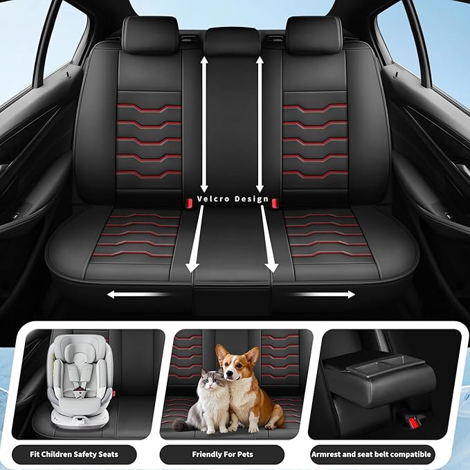 Fit Leaf Car Seat Covers Compatible with Nissan Leaf 2012-2025 2026 - Full Set Premium Leather， Waterproof Breathable， All-Weather Seat Cushion Protecto&Airbag Compatible（Red Line Black