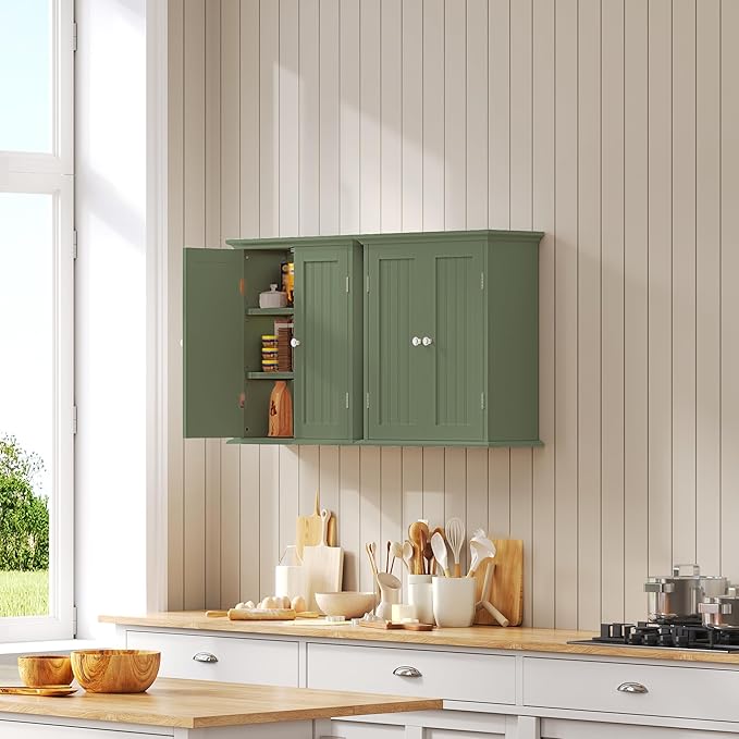 ChooChoo Bathroom Wall Cabinet, Over The Toilet Space Saver Storage Cabinet, Medicine Cabinet with 2 Door and Adjustable Shelves, Cupboard, Green