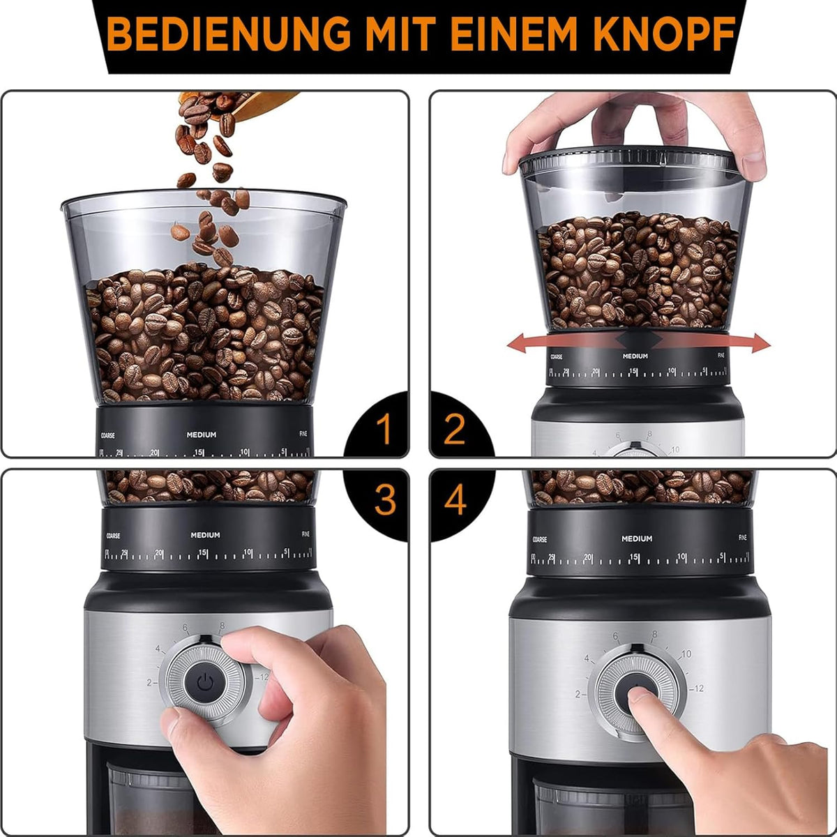Burr Coffee Grinder, Electric Conical Coffee Bean Grinder With 30 Adjustable Grind Settings For 2-12 Cups, Sliver & Black