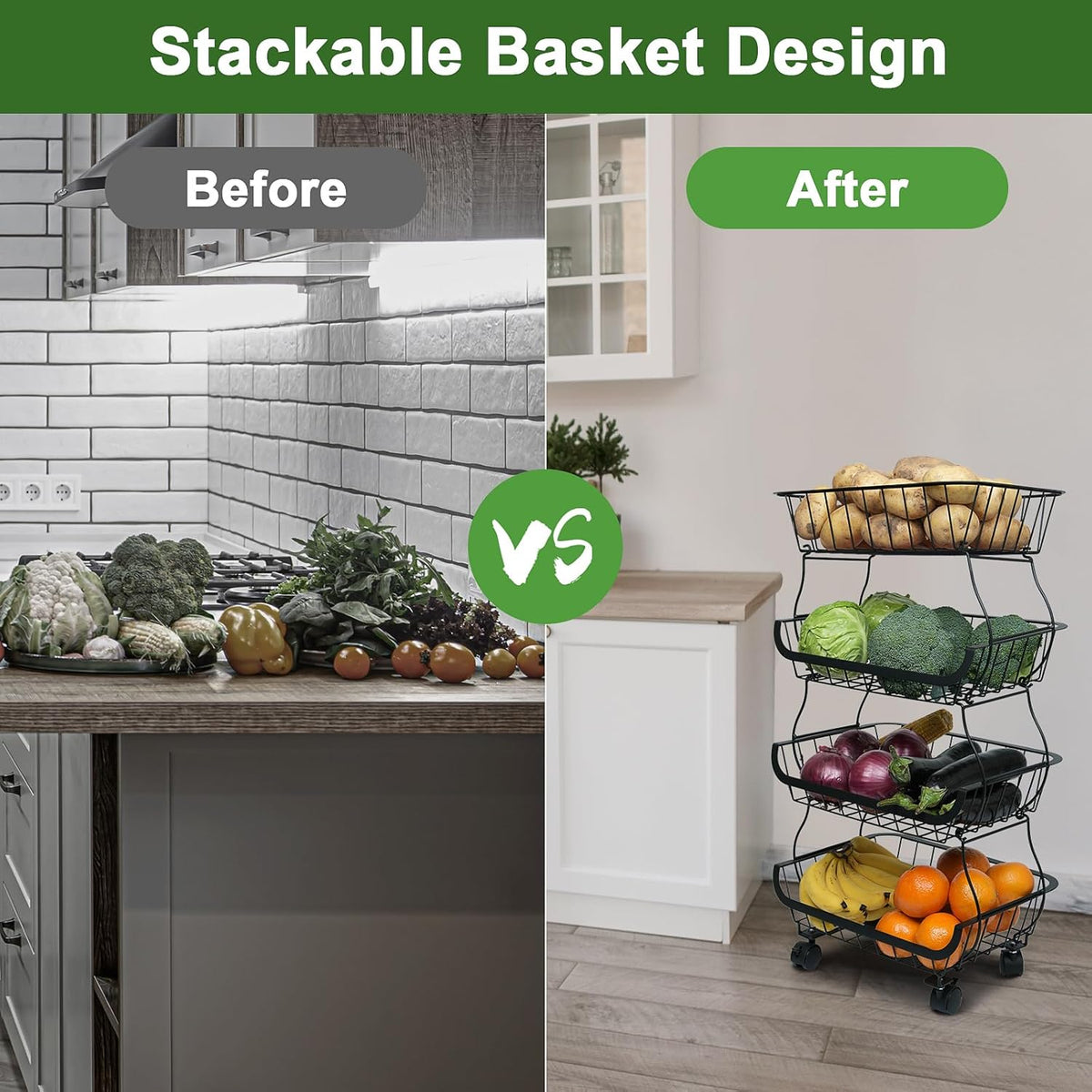 Fruit Vegetable Storage Basket, Kitchen Fruit Vegetable Storage Cart, 4 Tier Stackable Metal Wire Storage Baskets with Wheels, Produce Basket Organizer Bins for Pantry, Bathroom, Black