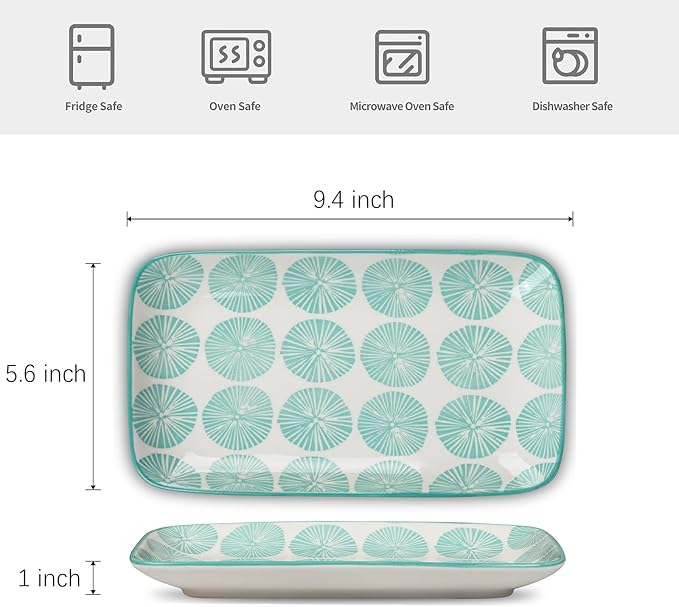 Selamica Ceramic Rectangular Salad Plates Set, Dinner Plate 9.4 Inch Dessert Plates for Party Entertaining, Small Serving Plates for Appetizers, Sushi, Fruit, Set of 4, Assorted Colors