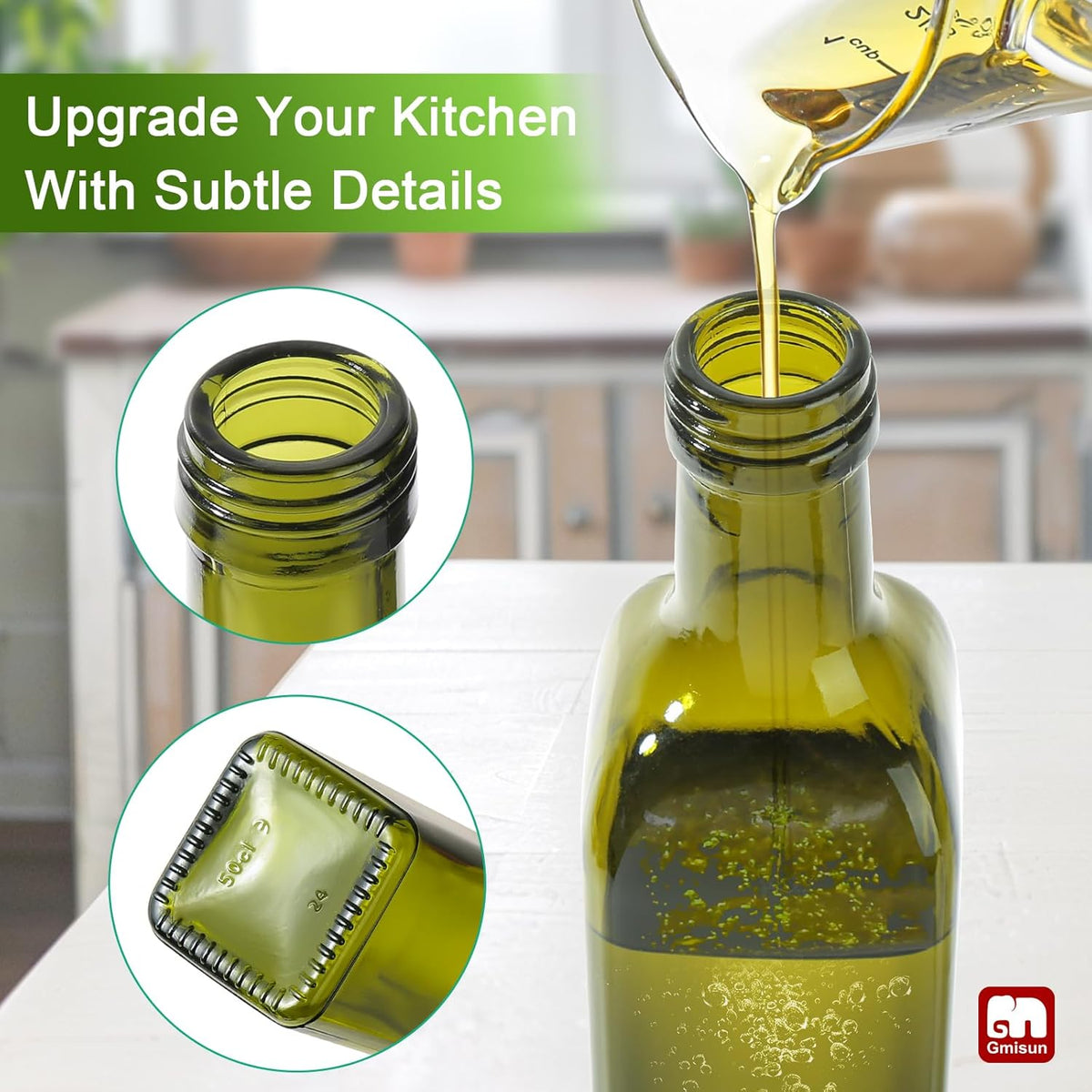 GMISUN Olive Oil Dispenser Bottle 2 Pack, Olive Oil Dispenser for Kitchen 17oz, Glass Cooking Soy Sauce Bottle Container Cruet with Plastic Pourer Spout, Green