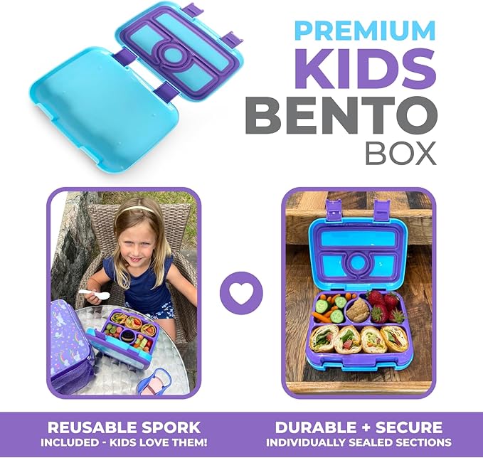kinsho Bento Lunch Box for Kids Toddlers, 4 Portion Sections Secure Lid, Microwave Safe BPA Free Removable Tray, Pre-School Kid Daycare Lunches Snack Container Ages 3 to 5 Blue Purple
