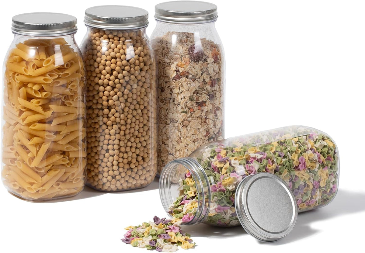 novelinks 64 oz Large Plastic Jars with Metal Lids - 4 Pack BPA-Free Clear Storage Containers for Pantry, Pickles, Sauces, Flour, Snacks - Leak-Proof Airtight Food Grade Jars for Kitchen (Silver)