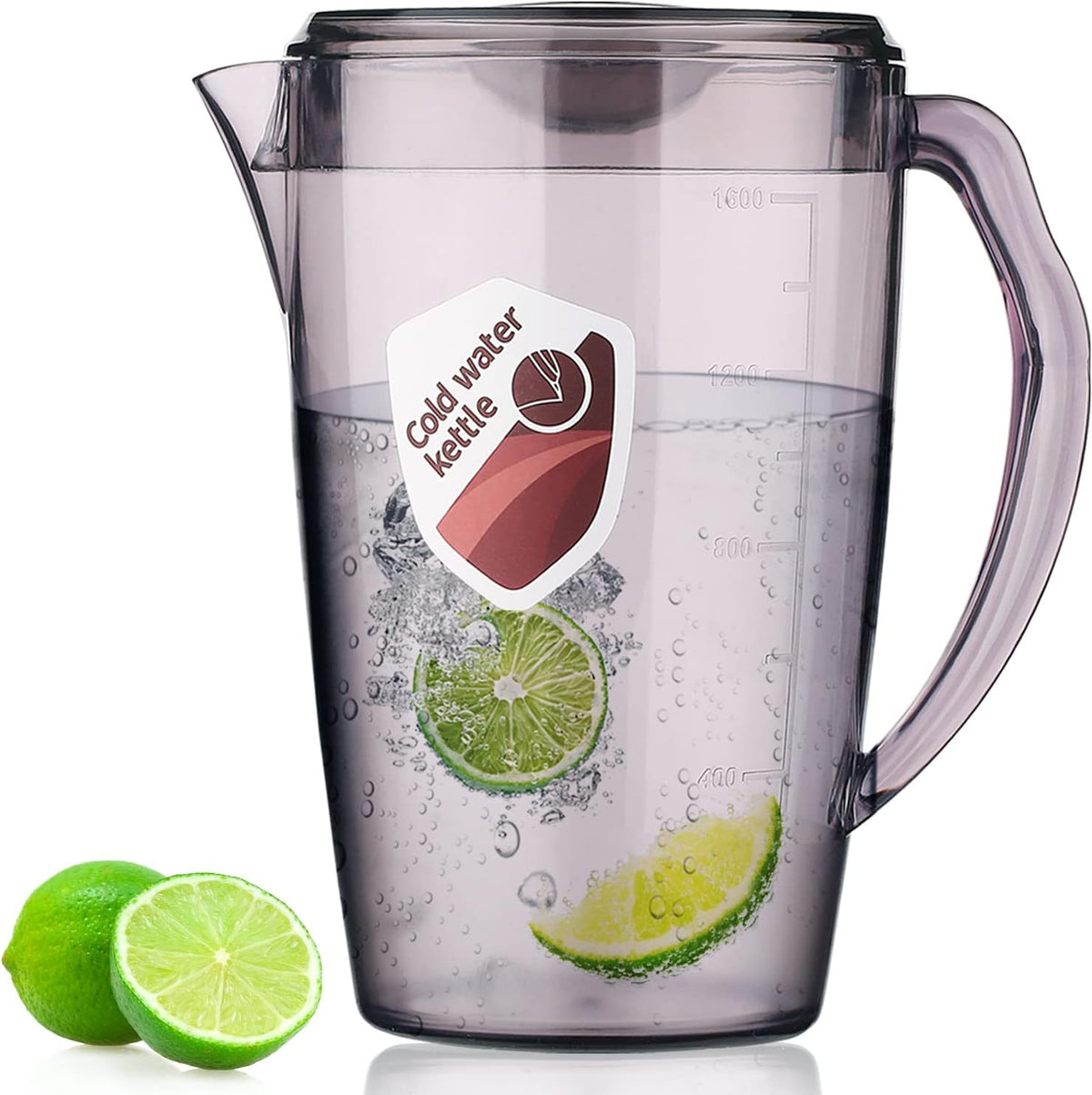 HOMQUEN Plastic Pitcher, 60 Oz/1.8L Water Carafe with Lid, Iced Tea Pitcher, Jar Pitcher, Jug with Handle for Tea, Juices, Milk, Cold or Hot Beverages (1 Pack/Gray)
