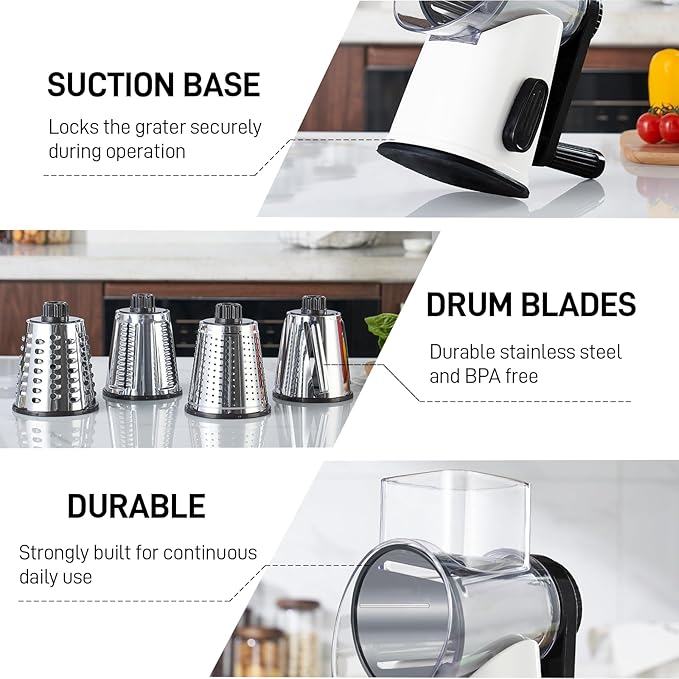 VEKAYA Cheese Grater, Cheese Grater Hand Crank, 4 Interchangeable Blades Cheese Shredder, Vegetable Slicer, Non-slip Suction Base, Easy to Clean Rotary Grater with Handle (White)