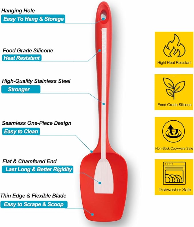 Silicone Spatula Set, High Heat Resistan Rubber Spoon Spatula, Non-Stick Spoonula with Seamless One Piece Design, Flexible Scrapers Baking Mixing Tool,3 Pack,Red