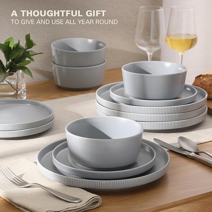 Gibson Home Dempsey Road 12-Piece Stoneware Dinnerware Set – Service for 4, Round Grey Plates and Bowls, Durable Solid Color Modern Embossed Dish Set, Microwave & Dishwasher Safe