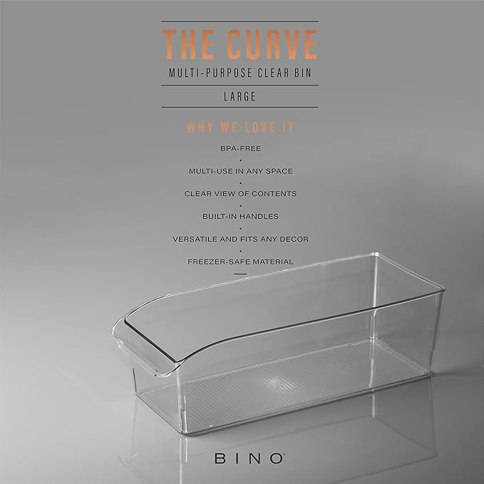 BINO | Plastic Storage Bins, Large | THE CURVE COLLECTION | Multi-Use Fridge / Freezer Organizer | Built-In Handle | BPA-Free | Pantry and Home Organization