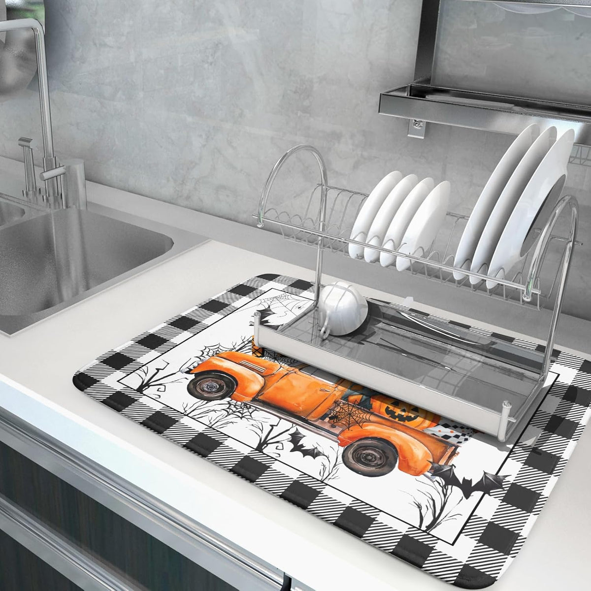 Holiday Truck Dish Drying Mat - Orange Holiday Absorbent Microfiber Dish Drying Pad for Kitchen Counter