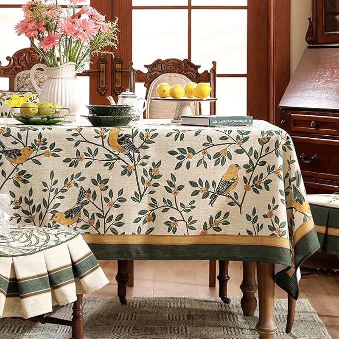 patdrea Designer Green French Linen Rectangular Tablecloth,Vintage Durable Floral Table Cloth,Decorative Table Cover for Kitchen Dining,Parties,Party,Christmas,Thanksgiving,55"x87"-Warbler