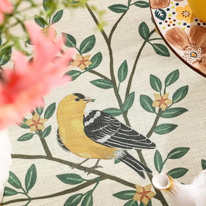 patdrea Designer Vintage French Floral Small Square Tablecloth,Yellow Brids Green Leaves Pattern Linen Table Cloth,Decor Kitchen Dining Holiday Banquet Christmas,Thanksgiving,55"x55"-Warbler