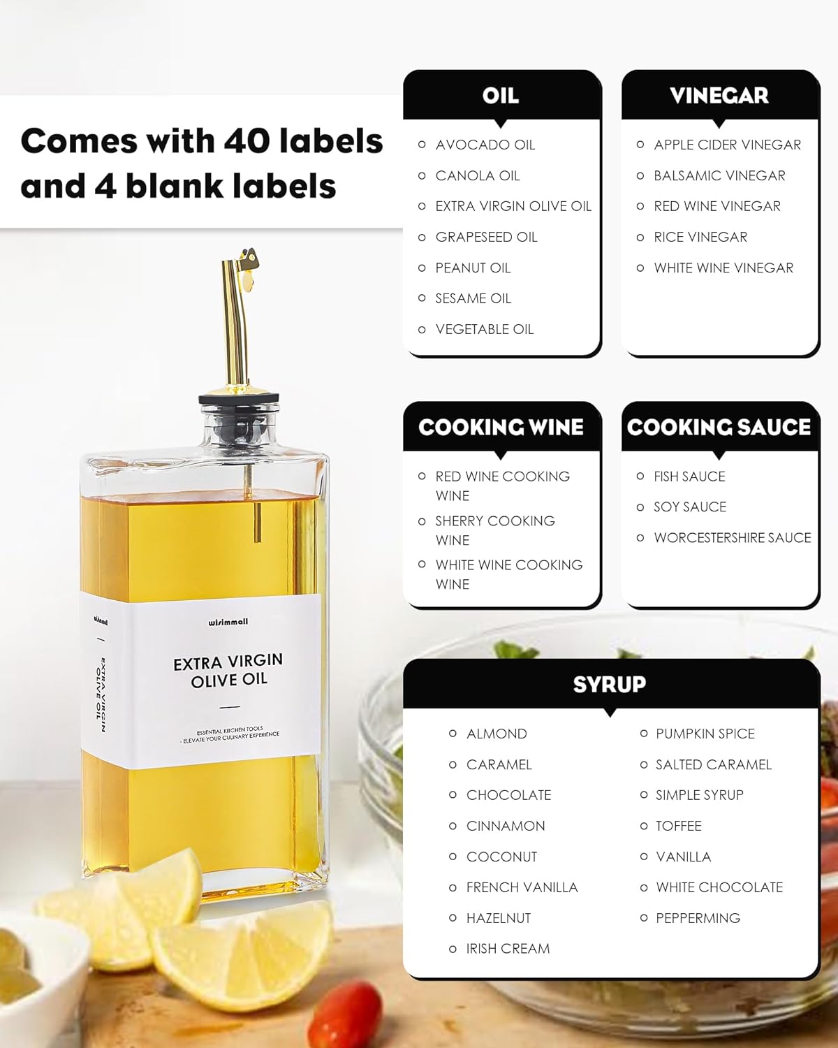 Olive Oil Dispenser For Kitchen, Glass Oil Bottle 500ML Oil And Vinegar Dispenser Set Of 2, Cooking Oil Dispenser With 2 Stainless Steel Pourers & 44 Labels, Soy Sauce Dispenser, Coffee Syrup Bottles