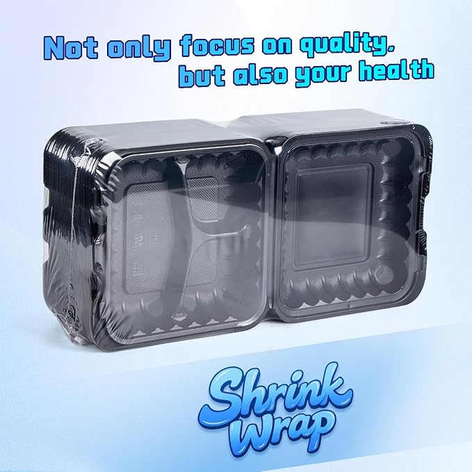 YANGRUI Disposable Containers 7.8" 30 oz 65 Pack - Shrink Wrap BPA Free Mineral Filled PP Plastic Food Container | 3 Compartment Freezer & Microwave Safe | Black Heavy Duty Clamshell Takeout Boxes