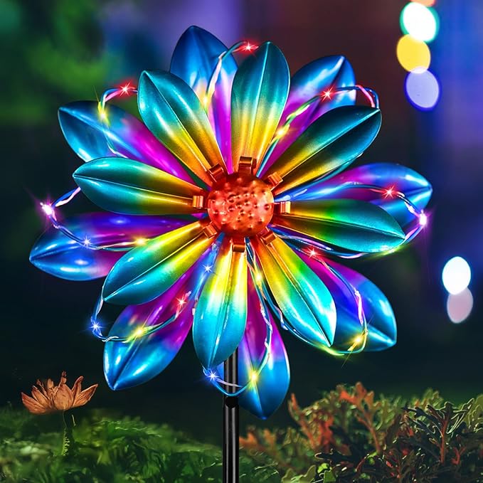 Flower Solar Wind Spinners- Metal Colorful Spinning Windmill Garden Ligths with LED Outdoor Decorative Stake Lighting Waterproof Flower Sculpture for Patio Yard