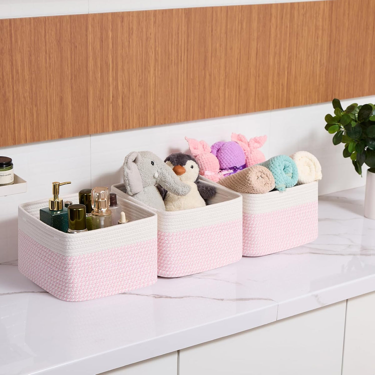 Small Organizing Baskets for Cubes Shelf, 9.7x9.7x7.1 Inch Rope Woven Storage Bins for Nursery Shelves Storage, Cute Toy Basket, Square 3 Packs Off White Pink