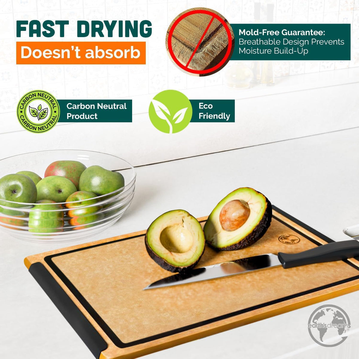 Earth’s Dreams Wood Cutting Board 17x12 Extra Large - Charcuterie Board, Non-Plastic, Non-Toxic, Heavy-Duty, Dishwasher Safe (Tan/Blacks)