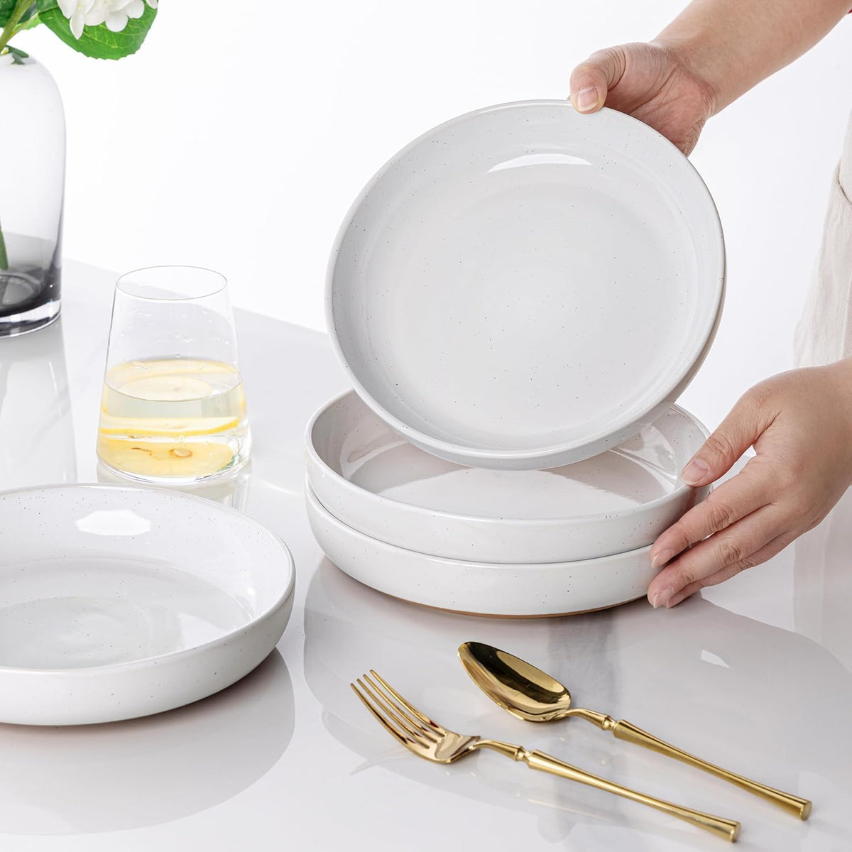 AmorArc 8.75'' Large Ceramic Pasta Bowls, 38oz Handpainted Stoneware Bowls Set of 4, Microwave&Dishwasher Safe Bowls with Rustic Terracotta Underside for Pasta Salad, White