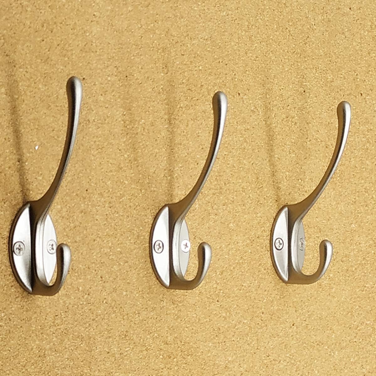 IBosins 10 Pack Heavy Duty Dual Coat Hooks Wall Mounted with 40 Screws Retro Double Hooks Utility Silvery Hooks for Coat, Scarf, Bag, Towel, Key, Cap, Cup, Hat (Silvery)