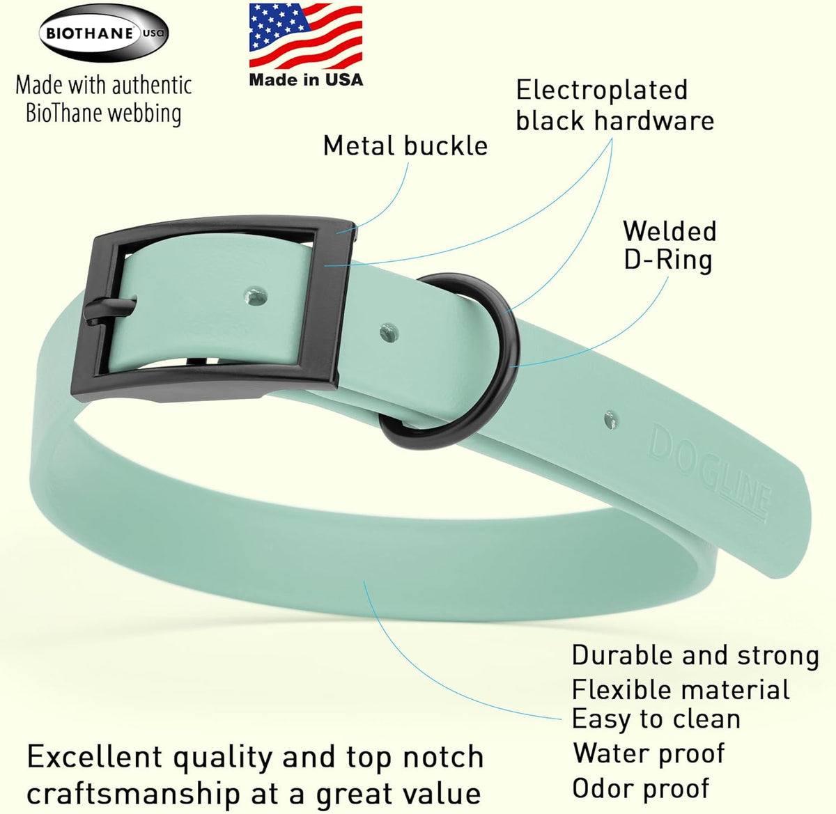 Dogline Biothane Waterproof Dog Collar Strong Coated Nylon Webbing with Black Hardware Odor- Proof for Easy Care Easy to Clean High Performance Fits Small Medium or Large Dogs, Sage Green