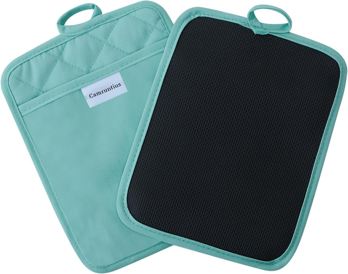 Kitchen Pot Holders, 7"x9", Rectangular with Pocket, Cotton and Neoprene Heat-Resistant Potholders for Cooking and Baking, Machine Washable, 3-Piece Set (Sky Blue)