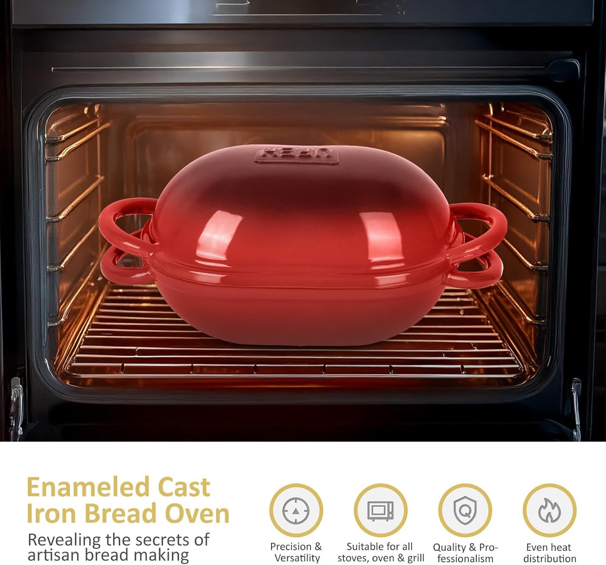 Dutch Oven for Bread Baking – Premium Cast Iron Pot with Lid – Perfect for Sourdough, Artisan Loaves & No-Knead Bread – 2 QT / 1.9L (Enameled, Round, Oven & Stovetop Safe), Red