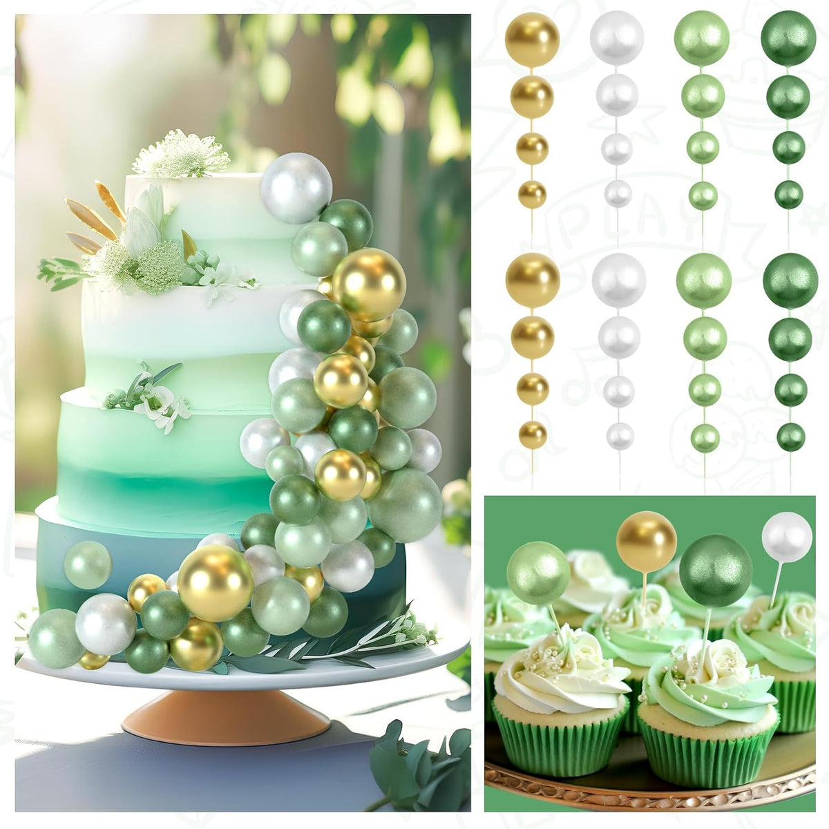 48 Pcs Balls Cake Topper Decorations Balloon Cupcake Toppers Foam Cake Topper Balls Cake Balls Decorations for Birthday Party Cake Decorating (Green, White, Gold)