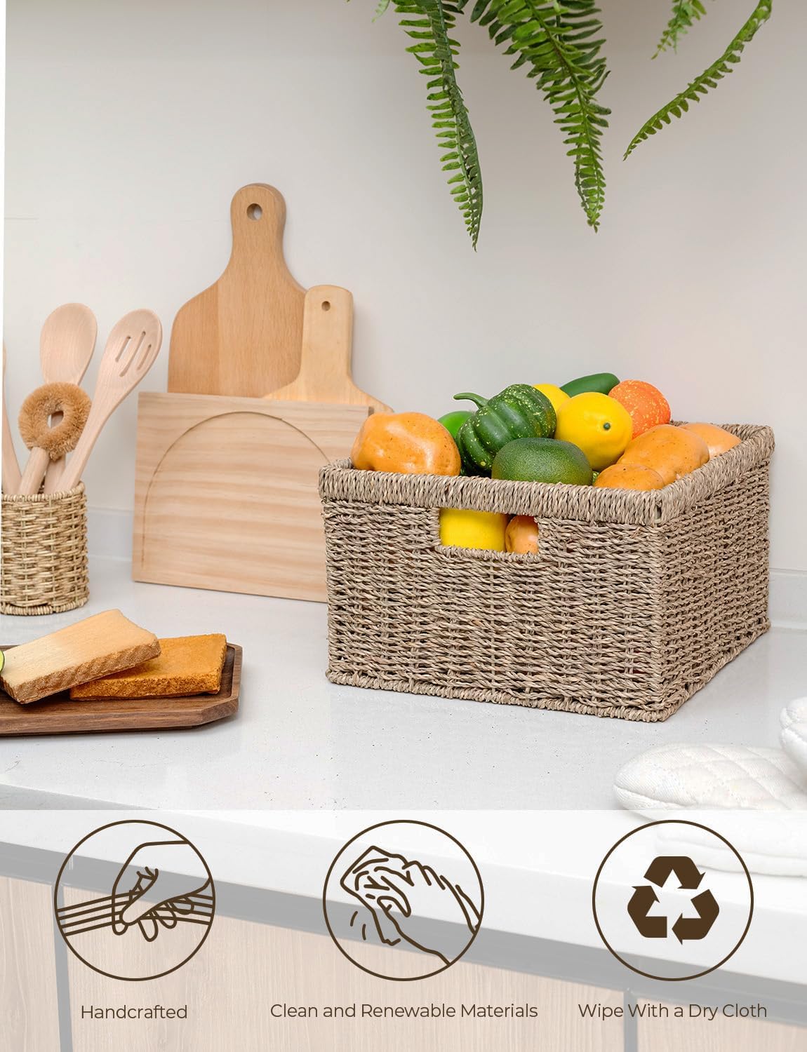 StorageWorks Wicker Storage Baskets, Handwoven Seagrass Basket for Organizing, Decorative Wicker Baskets with Built-in Handles, Set of 2